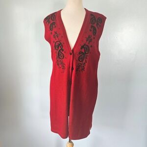 Susan Bristol 1994 Red Wool Longline Vest Beaded Paisley Embroidered M
